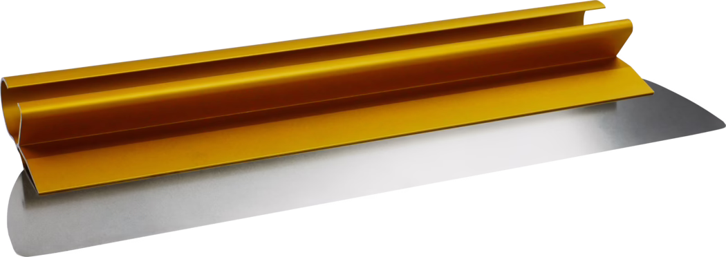 A long metal squeegee-like tool with a shiny flat stainless-steel blade and a gold-colored anodized aluminum handle clamped along the top; photographed on a white background from an angled perspective, showing smooth reflective surfaces.