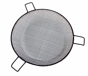 Top-down view of a round metal mesh sieve with a fine crisscross wire pattern and three short rectangular tabs evenly spaced around the rim, shown on a white background. The sieve has a thin outer frame.
