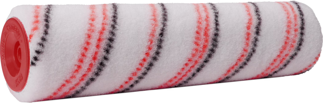 Close-up of a white paint roller refill with diagonal red and black stripes and a red plastic end cap, designed for painting walls and interior surfaces.