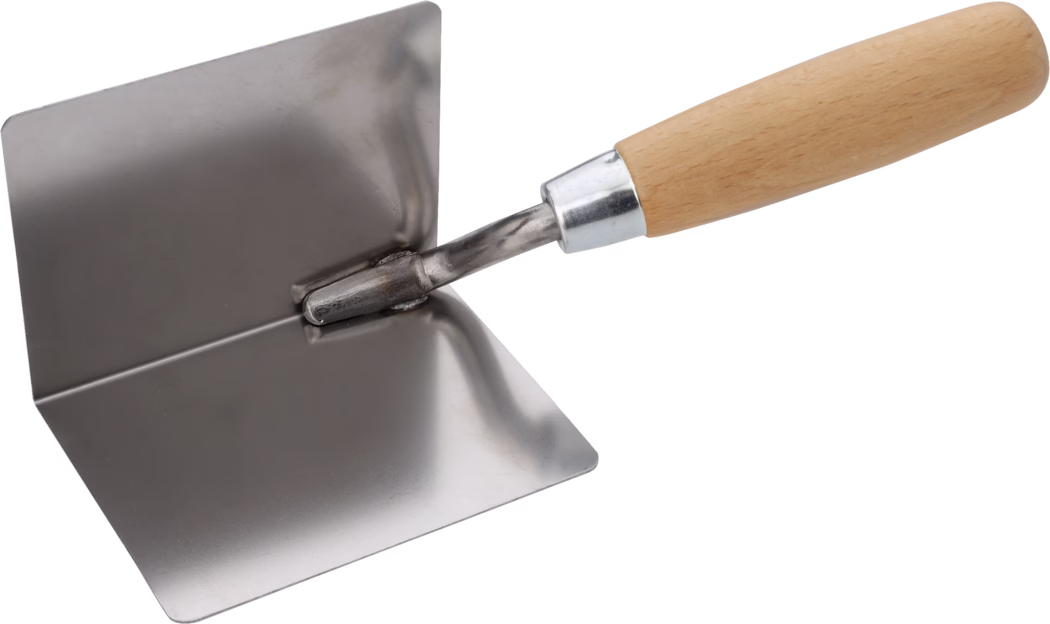 A metal inside-corner trowel with a wooden handle on a white background.