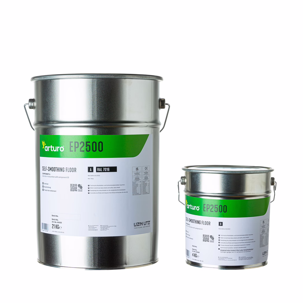 Arturo_Dummy_EP2500-10kg_2022-01 Two metal paint buckets (one large, one small) with green labels reading 'EP2500' and the brand 'arturo', placed against a white background. The metallic containers display handles and detailed product labels; the composition is bright, minimalistic and focused on the upper halves of the cans.