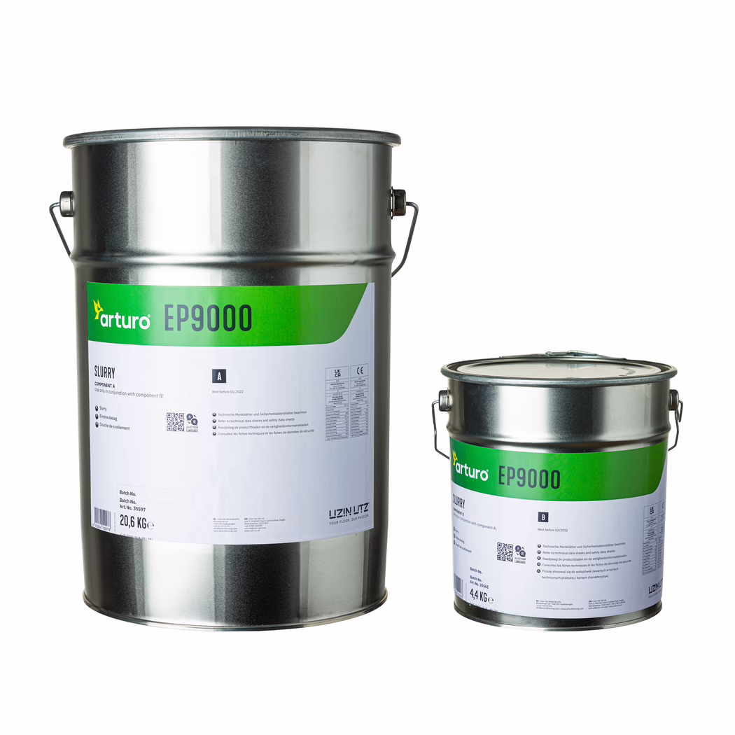 Arturo_Dummy_EP9000_25kg_2022-02 Two metal paint containers photographed on a white background: a large silver pail and a smaller matching can placed to its right. Both have green labels reading 'arturo EP9000', metal handles and tight-fitting lids; labels show product details, component letters (A and B), QR codes and weight markings. The image is a clean studio-style product shot emphasizing the metallic textures, printed label and packaging details.