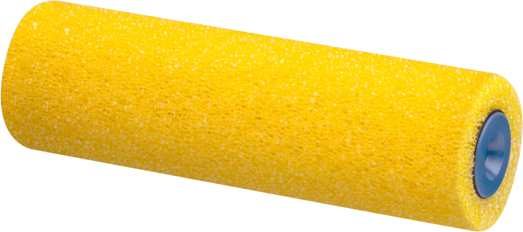 Close-up of a yellow foam paint roller sleeve with a speckled texture and a blue plastic inner core, isolated on a white background.