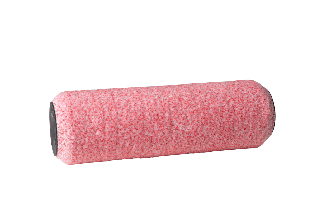 Close-up of a pink paint roller cover with a soft, textured nap, lying horizontally against a white background; the roller ends are fitted with dark plastic caps; studio-style isolated product photo.