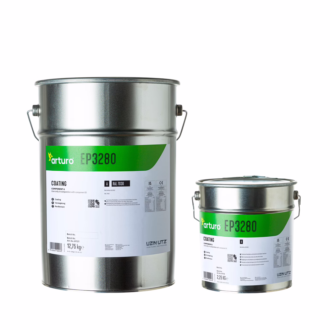 Arturo_Dummy_EP3280 Two metal paint cans on a white background: one large and one smaller, both silver with green labels reading 'arturo EP3280'. Labels show 'COATING', component information, the RAL 7030 color code and weight markings (12,75 kg and 2,25 kg). Metal handles and lids are visible; the image depicts industrial coating product packaging photographed on a white studio background with soft, even lighting.