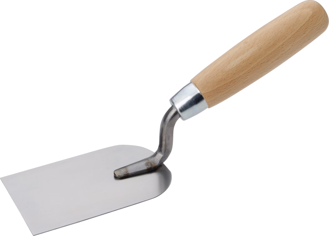 A handheld masonry trowel on a white background. It features a flat rectangular stainless steel blade with one rounded end, connected to a short angled steel shank and a smooth light wooden handle secured by a metal ferrule. The polished blade is clean and untarnished, ideal for spreading and smoothing mortar, plaster or tile adhesive, while the ergonomic handle provides a comfortable, secure grip.