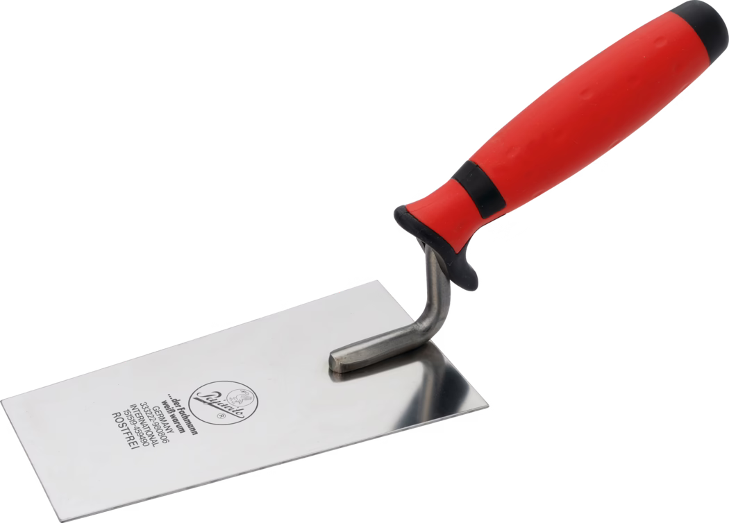 Close-up of a rectangular stainless-steel plastering trowel with a polished reflective blade and a bent steel shank. The blade is flat and rectangular, marked with a circular manufacturer stamp and small printed text; the stainless finish shows subtle reflections. The ergonomic red plastic handle features a soft black rubber grip, a pronounced thumb rest and a black end cap; the handle connects to the blade via a curved metal neck. The tool is isolated on a white background and is intended for masonry, plastering and finishing work, providing precision and a comfortable handhold for smoothing and leveling mortar or plaster.