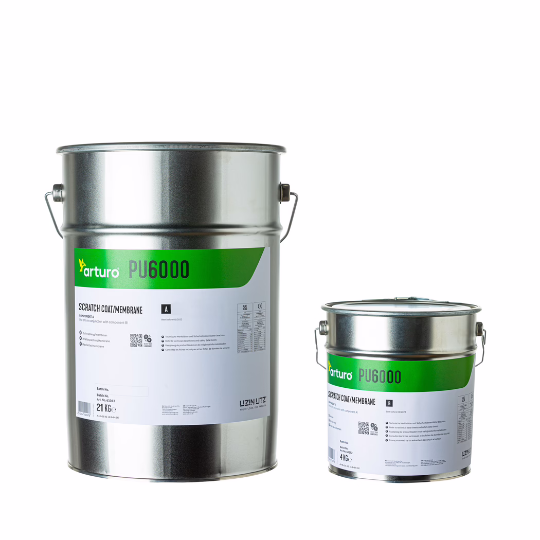 Arturo_Dummy_PU6000 Two metal paint cans of different sizes with green labels reading 'arturo PU6000', metal handles and lids, photographed on a white background. The larger can is partially visible on the left and the smaller can is shown on the right.